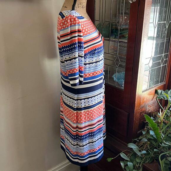 Pink & Blue Mixed Print Midi Shift Dress Size 12 Scoop Neck Back Zip Bohemian - Picture 2 of 16